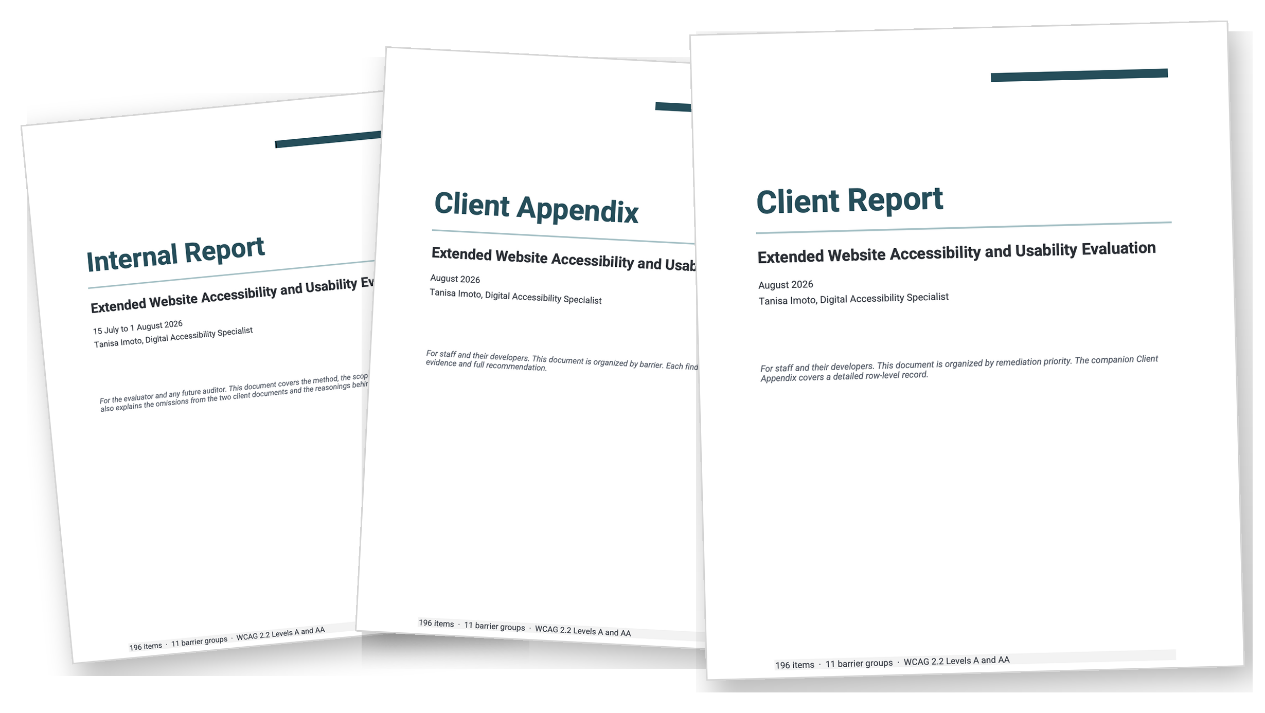 The three documents produced by the evaluation, fanned as a set. Their covers read Internal Report, Client Appendix, and Client Report, each naming the instrument, the date, and the author underneath.