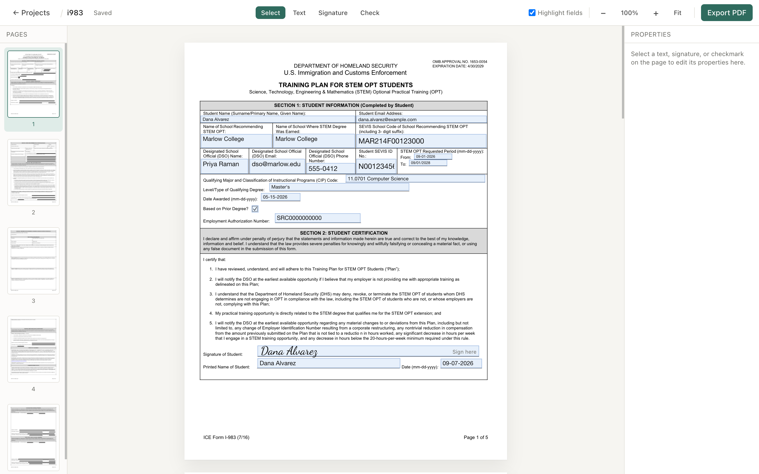 The Editabl app with a filled and signed form on screen, showing the page thumbnails, the editing toolbar, and the export control.
