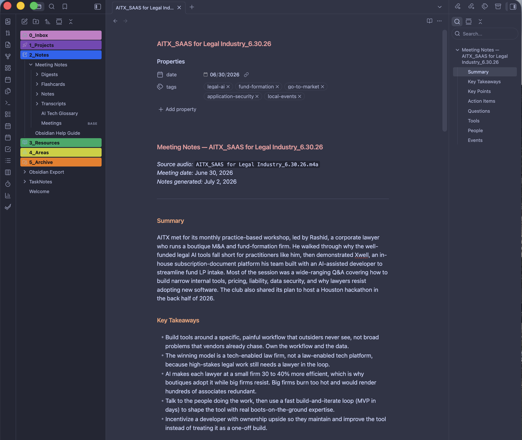 A finished meeting note open in Obsidian, showing its date and topic tags, the source recording, and the summary and key takeaways produced by the pipeline.